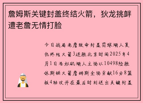 詹姆斯关键封盖终结火箭，狄龙挑衅遭老詹无情打脸