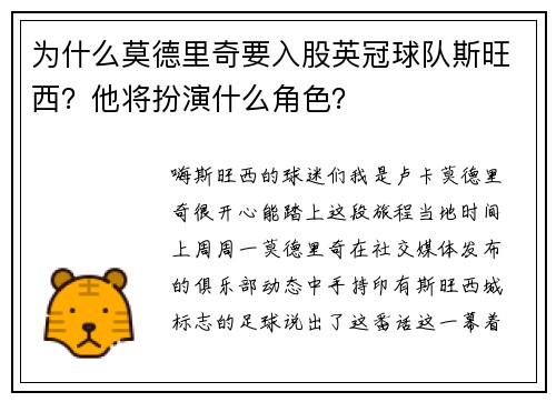 为什么莫德里奇要入股英冠球队斯旺西？他将扮演什么角色？